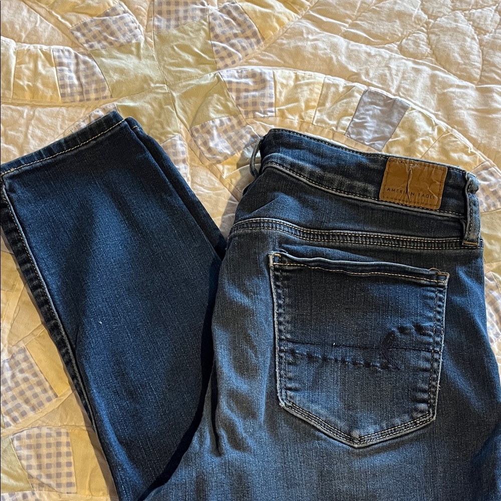 American Eagle Outfitters Dark Blue Jeans with Tan Patch